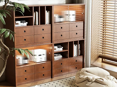Wooden Storage Cabinet with Drawers and Shelves Holding Books by Window Blinds 3d model