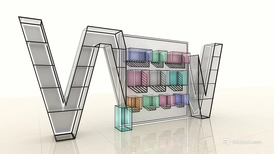 Modern Display Cabinet with Colorful Storage Compartments and Geometric Frame Design 3d model 