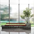 Stylish Landscape Seat With Wooden Surface And Marble Base By Large Window With Green Tree
