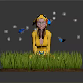 Person in Pikachu Costume with Small Pikachu Figure on Grass with Butterflies and Glowing Spots