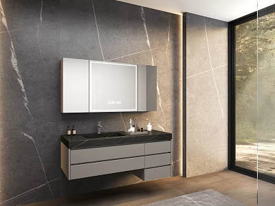 Modern Bathroom Vanity With Gray Marble Wall Mirror Cabinet Faucet Toiletries And Large Window 3d model