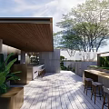Lush Courtyard Garden With Green Plants Stone Paved Path And Modern Building View