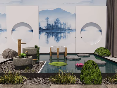 New Chinese style landscape sketch bamboo flowing water landscape sketch stone mill waterscape 3d model