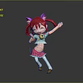 Happy Child With Red Hair Pigtails Purple Cat Ears Yellow Top Dancing In Pink Skirt