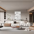 Modern Living Dining Room Interior With White Beige Sofa Brown Armchair Round Coffee Table Plants