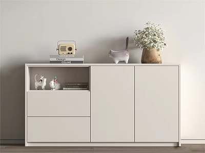 Modern White Entryway Console Cabinet With Small Ornaments Vintage Radio And Flower Vase 3d model