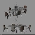 Simple Modern Light Colored Dining Table Set With Chairs And Decorative Plant 3d model