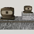 Two Ornate Outdoor Lights With Square Design On Marble Bases