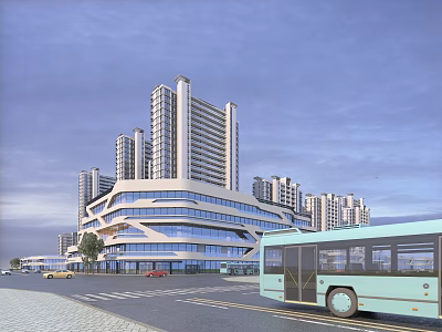 Modern Residential Building Complex With Tall Glass Curtain Walls And Nearby Bus Transportation 3d model