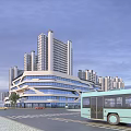 Modern Residential Building Complex With Tall Glass Curtain Walls And Nearby Bus Transportation