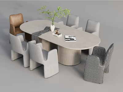 Round Dining Table Set With Various Style Chairs Green Plant And Books 3d model