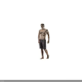 Shirtless Man Standing Barefoot in Gray Shorts Against Gray Background