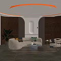 Modern Living Room Interior Design With Beige Sofa Circular Ceiling Light And Wooden Wall