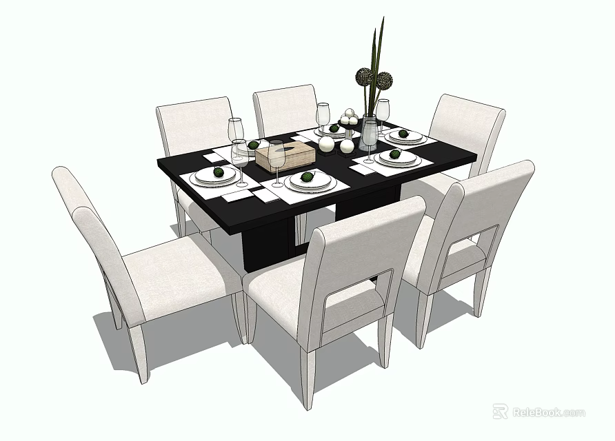 Modern Dining Table Set With Black Table Six White Chairs And Floral Vase Tableware 3d model