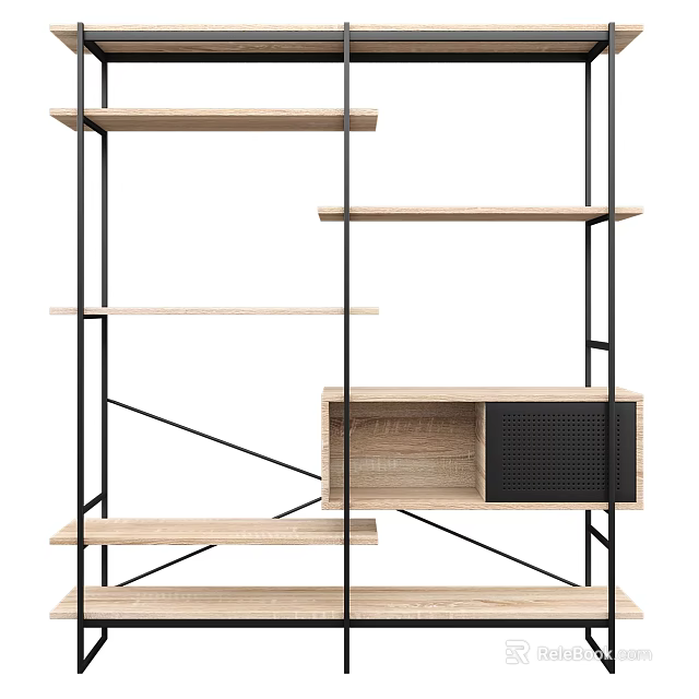 Modern Wooden Shelving Unit With Black Metal Frame Open Shelves And Mesh Cabinet 3d model 
