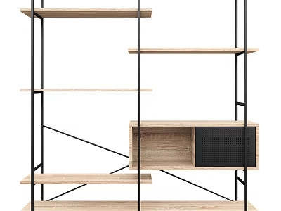 Modern Wooden Shelving Unit With Black Metal Frame Open Shelves And Mesh Cabinet 3d model