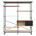 Modern Wooden Shelving Unit With Black Metal Frame Open Shelves And Mesh Cabinet