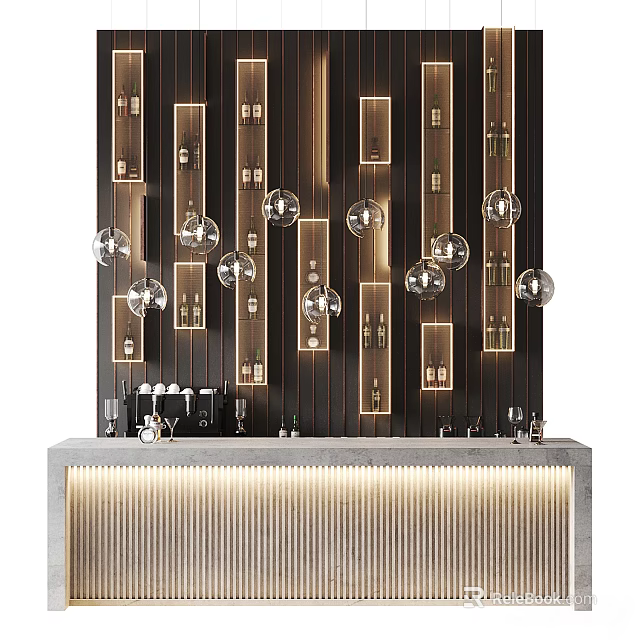 Modern Bar Interior Design With Illuminated Vertical Panels Round Pendant Lights And Wine Bottle 3d model 