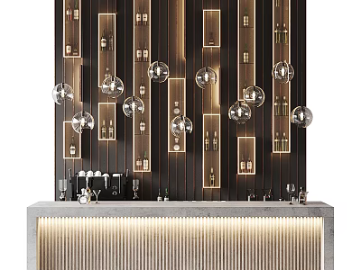 Modern Bar Interior Design With Illuminated Vertical Panels Round Pendant Lights And Wine Bottle 3d model