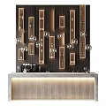 Modern Bar Interior Design With Illuminated Vertical Panels Round Pendant Lights And Wine Bottle