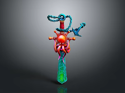 Colorful Fantasy Sword with Red Hilt Octopus Tentacles Blue Chain and Green Crystal Blade 3d model