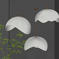 Three White Shell Shaped Pendant Lights With Wavy Texture And Golden Chains Against Gray Wall 3d model