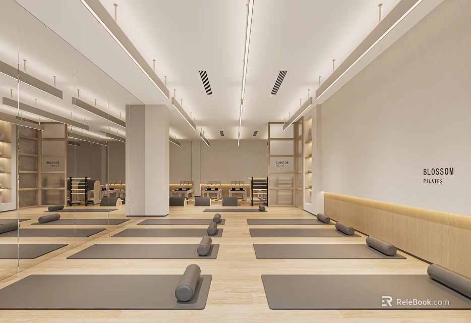 Spacious Yoga Studio Interior With Mats And Rollers 3d model 