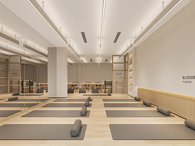 Spacious Yoga Studio Interior With Mats And Rollers 3d model