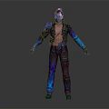 Cyberpunk Themed Male Character With Biomechanical Arm Decorations And Blue Purple Jacket Pants
