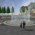 Circular Fountain Featuring Water Jets And Surrounding Lights In Evening Park With Families