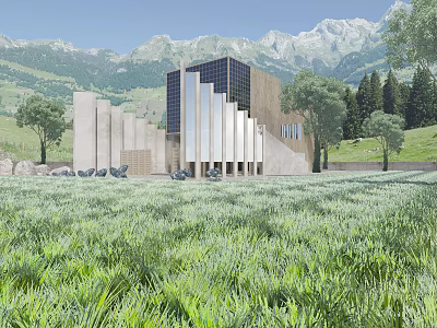 Modern Detached Villa With Glass Facade Lush Grassland Trees And Mountain View 3d model