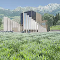 Modern Detached Villa With Glass Facade Lush Grassland Trees And Mountain View