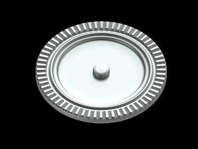 Round Silver Metal Component With Central Cylinder And Ribbed Edge Design 3d model