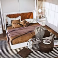 Elegant Modern Bedroom Interior With Brown Headboard White Wardrobes And Striped Rug