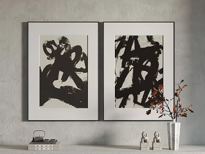 Black And White Abstract Paintings Hanging On Wall With Decorative Items 3d model