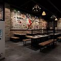 Industrial Style Restaurant Interior With Brick Walls Hanging Lights And Wooden Tables