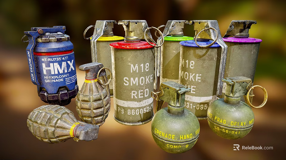 Assorted Military Hand Grenades And Smoke Canisters With Colorful Exteriors 3d model 