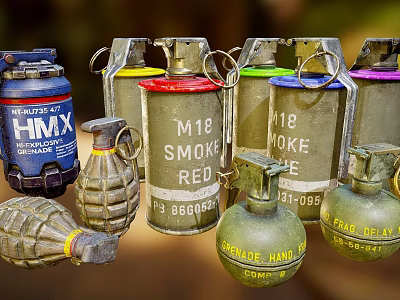 Assorted Military Hand Grenades And Smoke Canisters With Colorful Exteriors 3d model