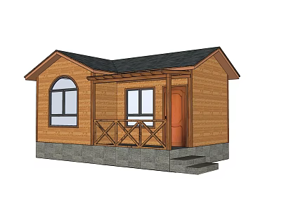 Wooden Cabin Exterior With Black Roof Arched Window Wooden Door And Porch Railings Steps 3d model