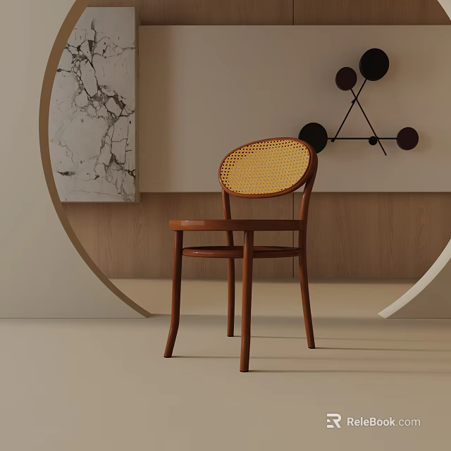 Classic Wooden Dining Chair With Rattan Weave Seat And Curved Backrest Design 3d model 