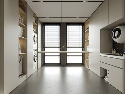 Modern Laundry Room Interior With Washing Machine Dryer Cabinets And Shelves 3d model