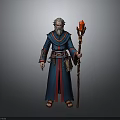 Old Man in Blue Robe with Gray Beard Holding Red Flame Staff and Brown Belt