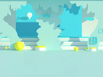 Abstract 3D Geometric Scene with Blue Yellow Spheres Steps and Platform for Ecommerce 3d model