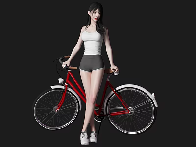 Woman In White Tank Top And Gray Shorts Standing With Red Bicycle Wearing White Sneakers 3d model