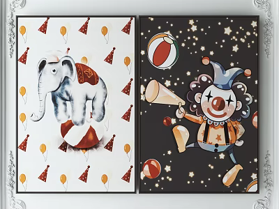 Decorative Paintings With Elephant On Red Ball Clown With Horn And Party Elements 3d model
