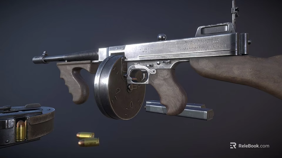 Classic Submachine Gun With Wooden Grip Drum Magazine And Extra Magazine Bullets 3d model 
