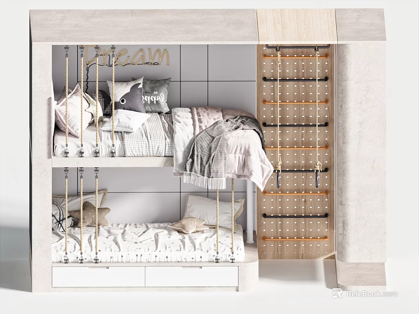Modern Bunk Bed Design With Safety Railings Ladder And Storage Drawers 3d model 