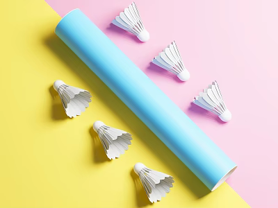 Badminton Sports Equipment With Blue Tube And White Shuttlecocks Arranged On Colorful Background 3d model
