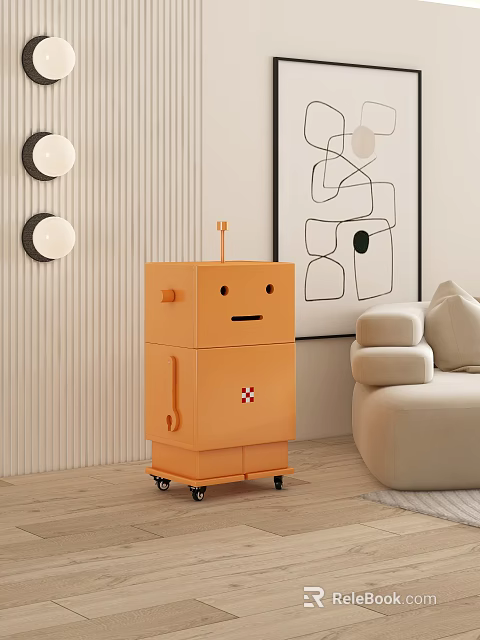 Orange Robot Shaped Storage Cabinet In Modern Living Room With Sofa And Abstract Wall Art 3d model 