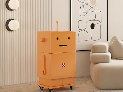 Orange Robot Shaped Storage Cabinet In Modern Living Room With Sofa And Abstract Wall Art 3d model